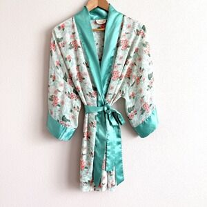 Vintage Victorias Secret Gold Label Robe Womens One Size Green Pink Floral Satin